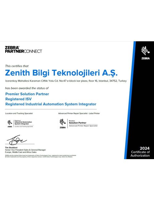 Zenith Bilgi Teknolojileri, Zebra Technologies’ten "Location and Tracking Specialist" Unvanını Aldı!